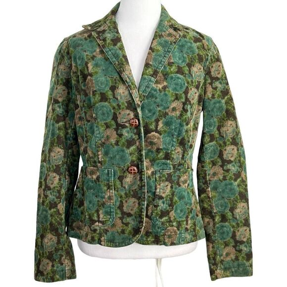 VTG Liz Claiborne Green/Brown Floral Printed Elbow Patch Corduroy Jacket Small - Picture 1 of 13